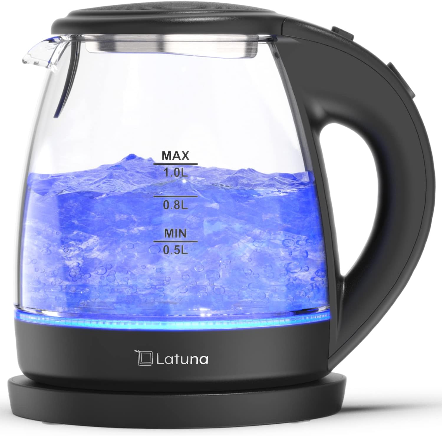 LEDライト付き ガラス電気ケトル 1.0L おしゃれ 湯沸かしポット (ブラック)