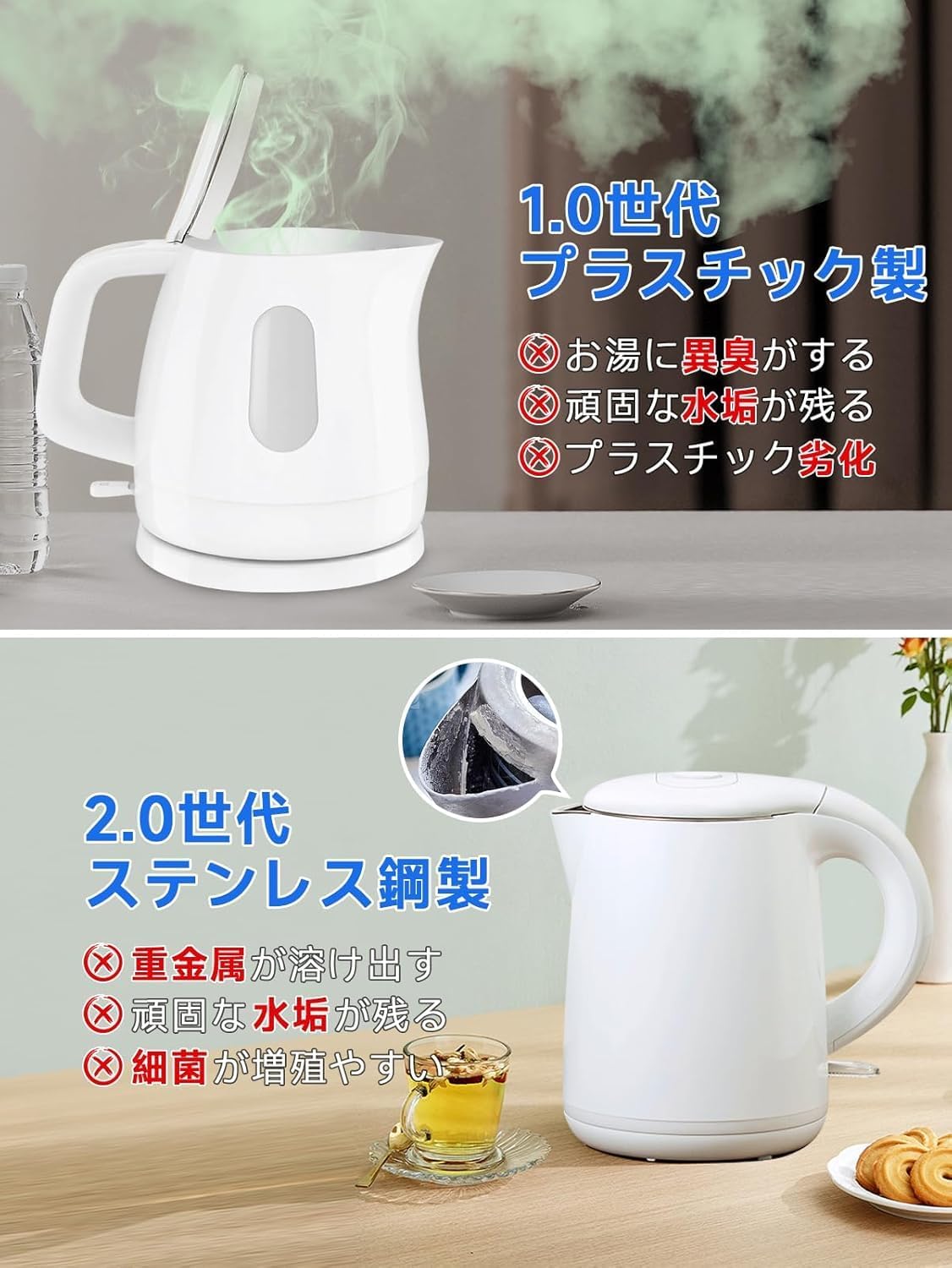 【耐熱ガラス・1L大容量】HAGOOGI 電気ケトル 火傷防止 LEDライト付き