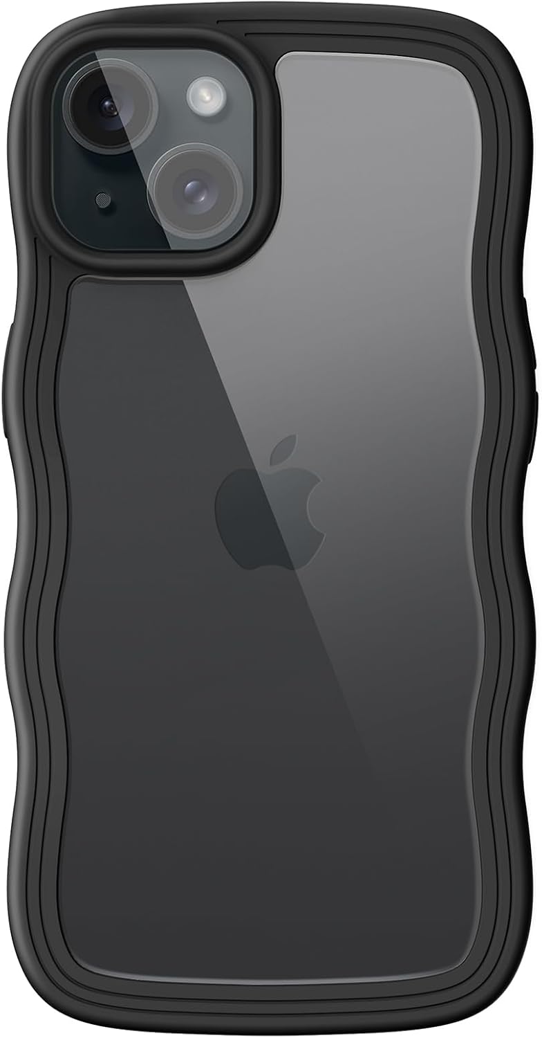 iPhone 15 用 かわいい耐衝撃ケース 波状フレーム（ブラック） 女性向け