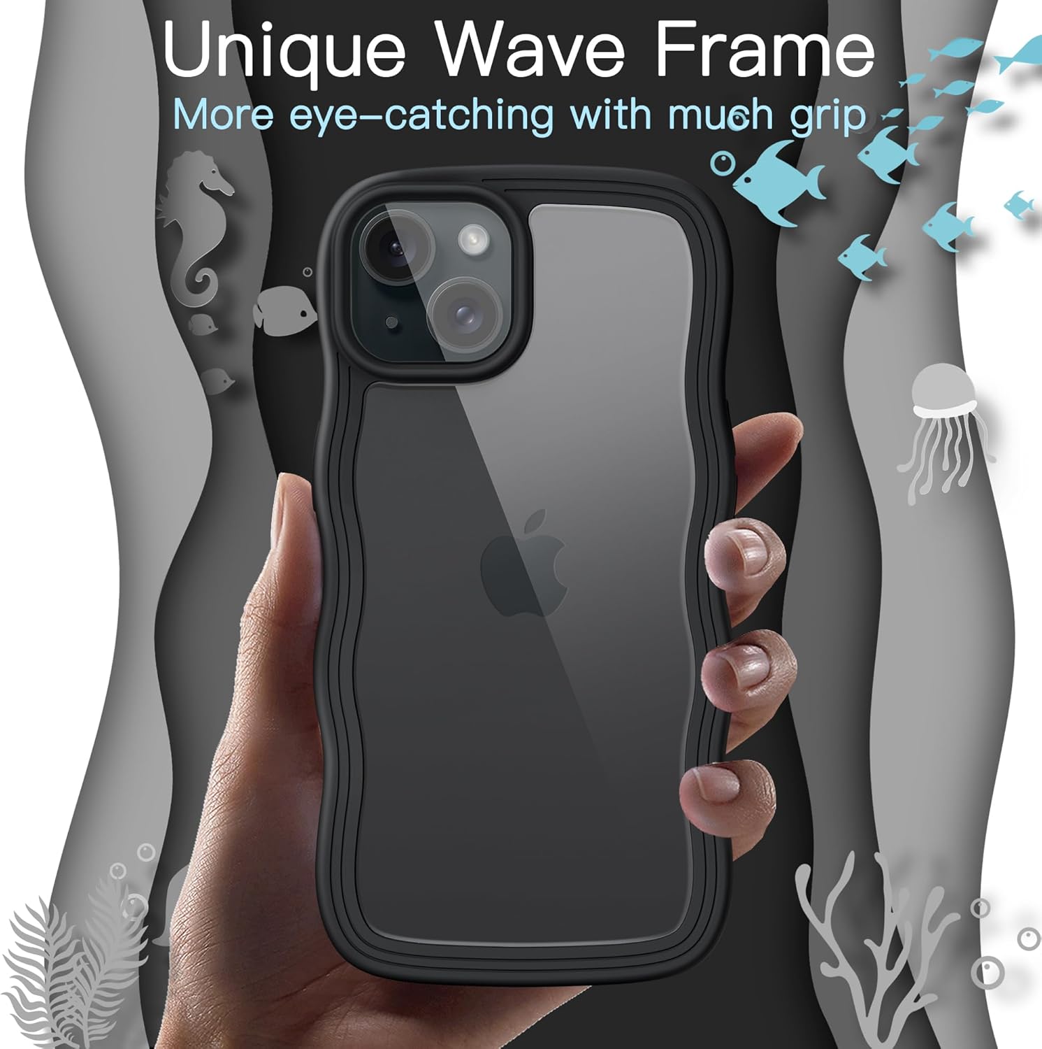 iPhone 15 用 かわいい耐衝撃ケース 波状フレーム（ブラック） 女性向け