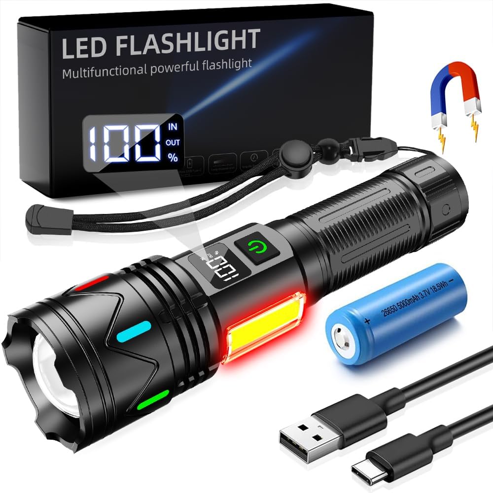 超高輝度5000000ルーメン LED充電式懐中電灯 - 軍用仕様・防水・多機能ナイトライト