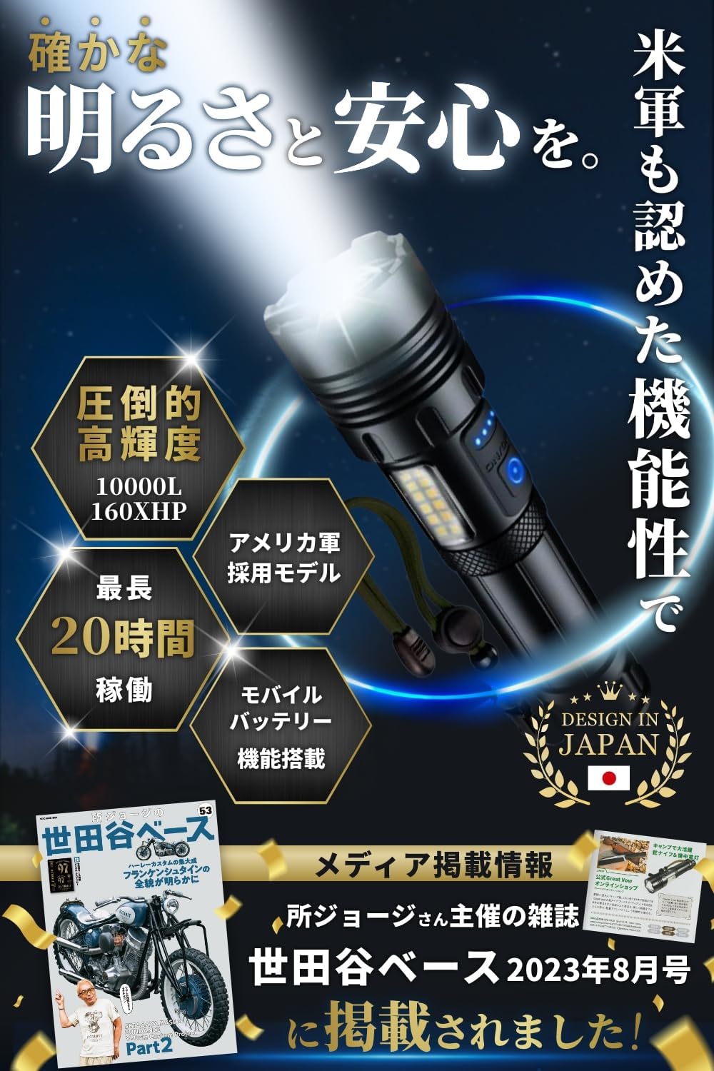 ハンディライト 超高輝度 LED充電式 日本企業企画 IPX7防水 タクティカル 防災・登山・夜釣り用