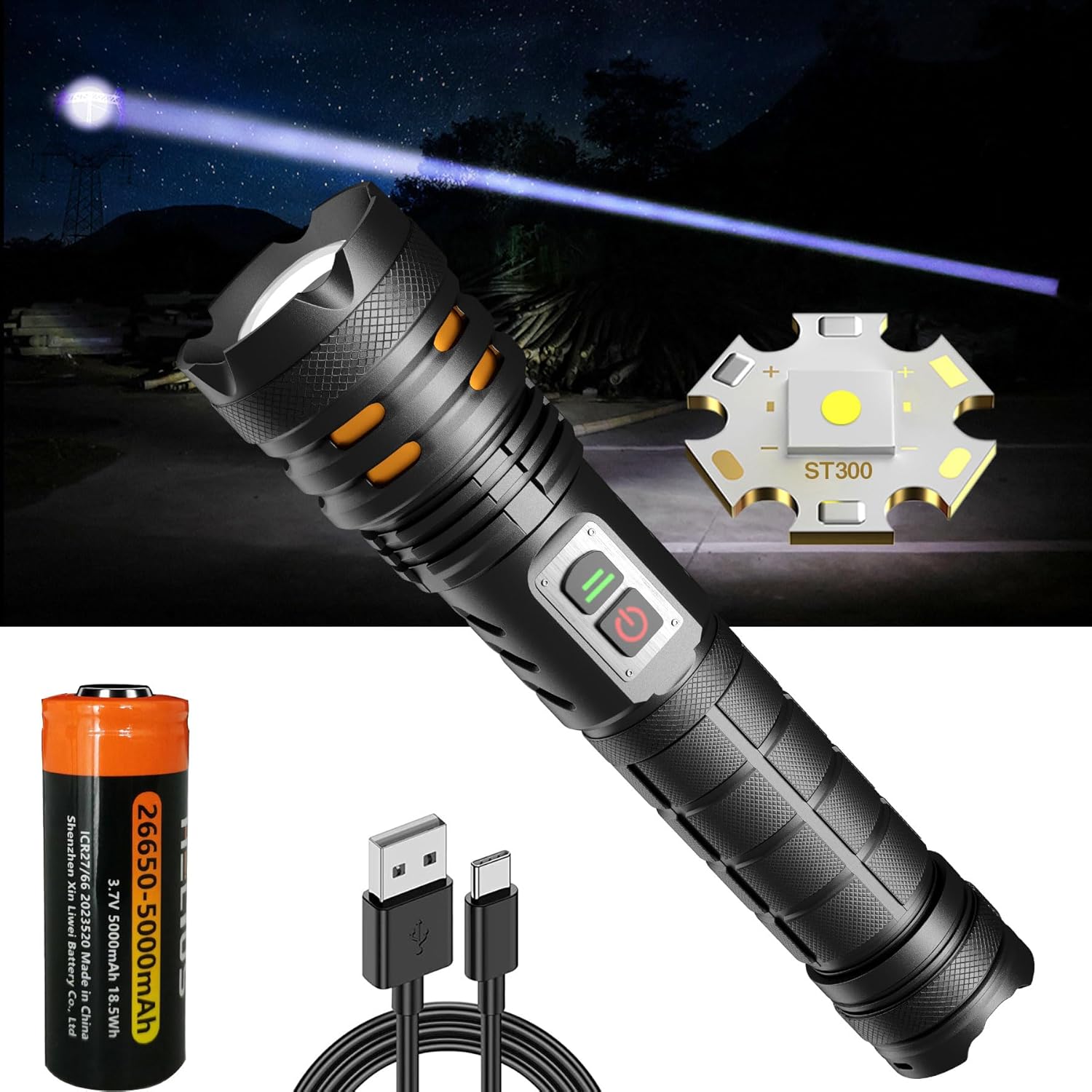 【防災用 懐中電灯 950000ルーメン 充電式 軍用タイプ IPX6防水】