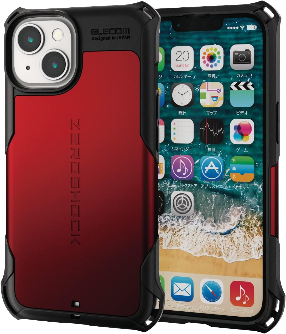 iPhone 14/13用耐衝撃ケース ZEROSHOCK - ダブルレイヤー構造・衝撃吸収フィルム付き・ストラップホール付き (レッド)