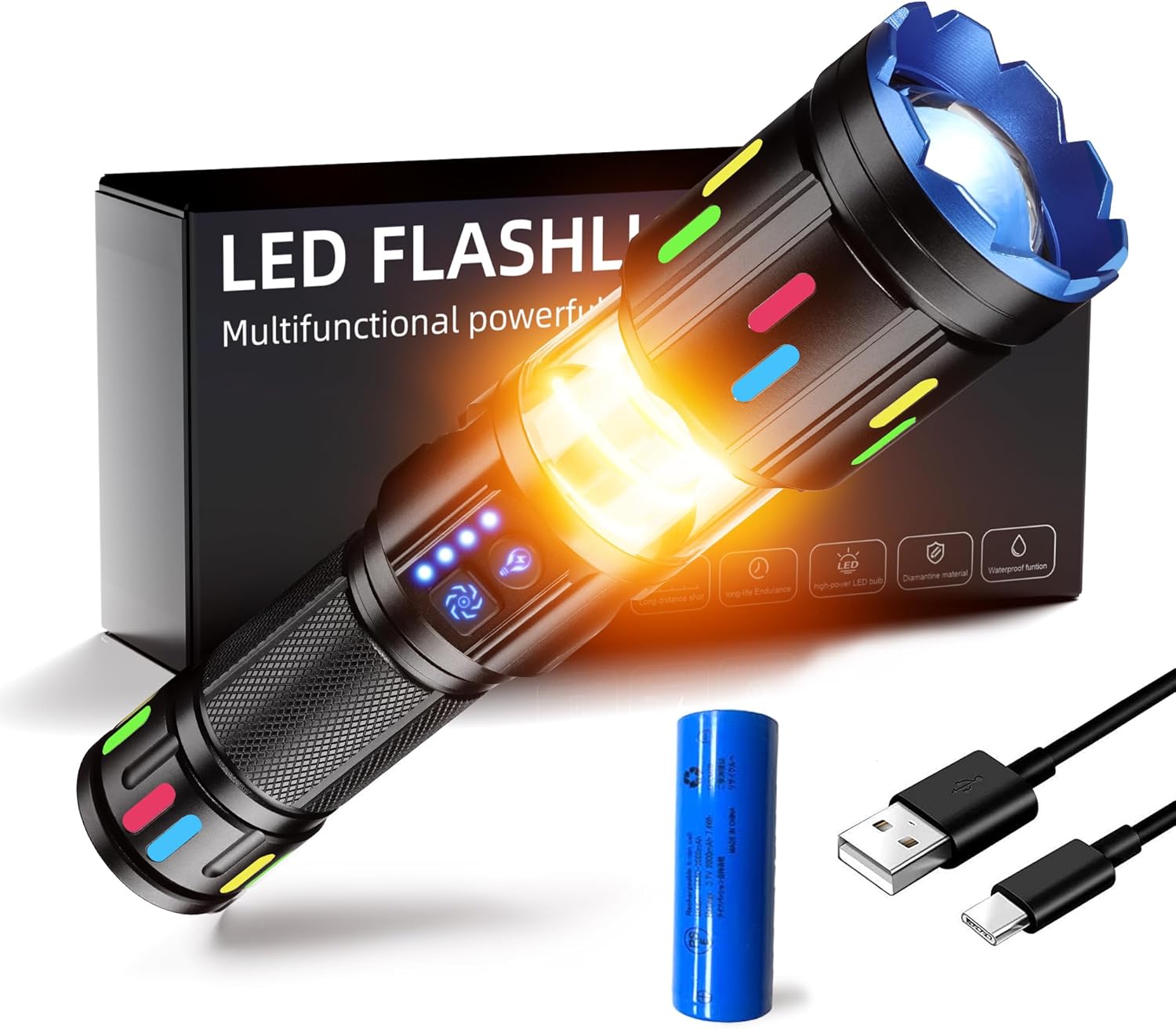【防災用】360°柔光 LED懐中電灯 5000000ルーメン ブラック アルミ合金 充電式 8モード ズーム式 IPX6防水