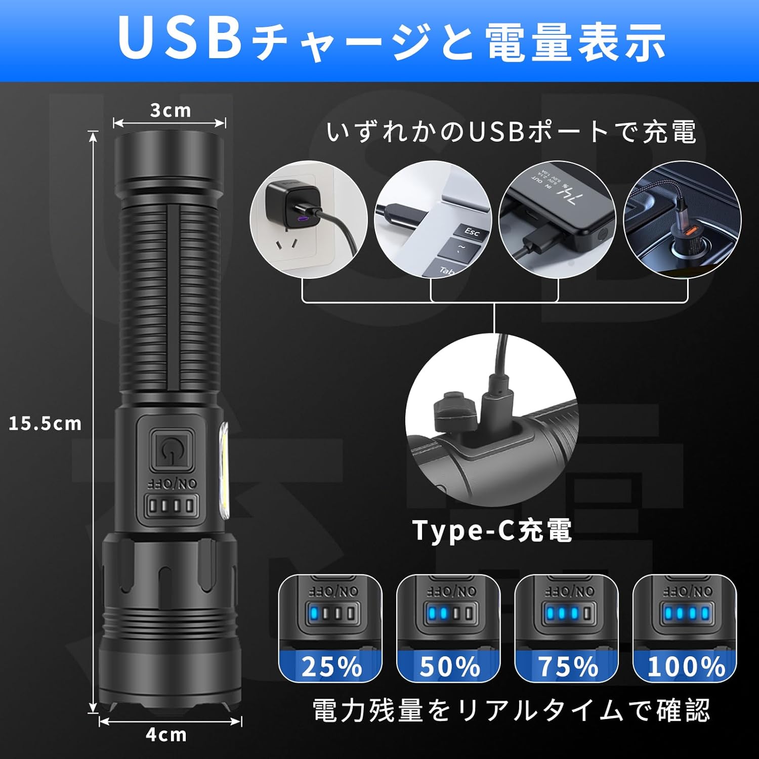 防災用 極高輝度LEDハンディライト【XHP160・5000mAh・IPX6防水・7モード調光】