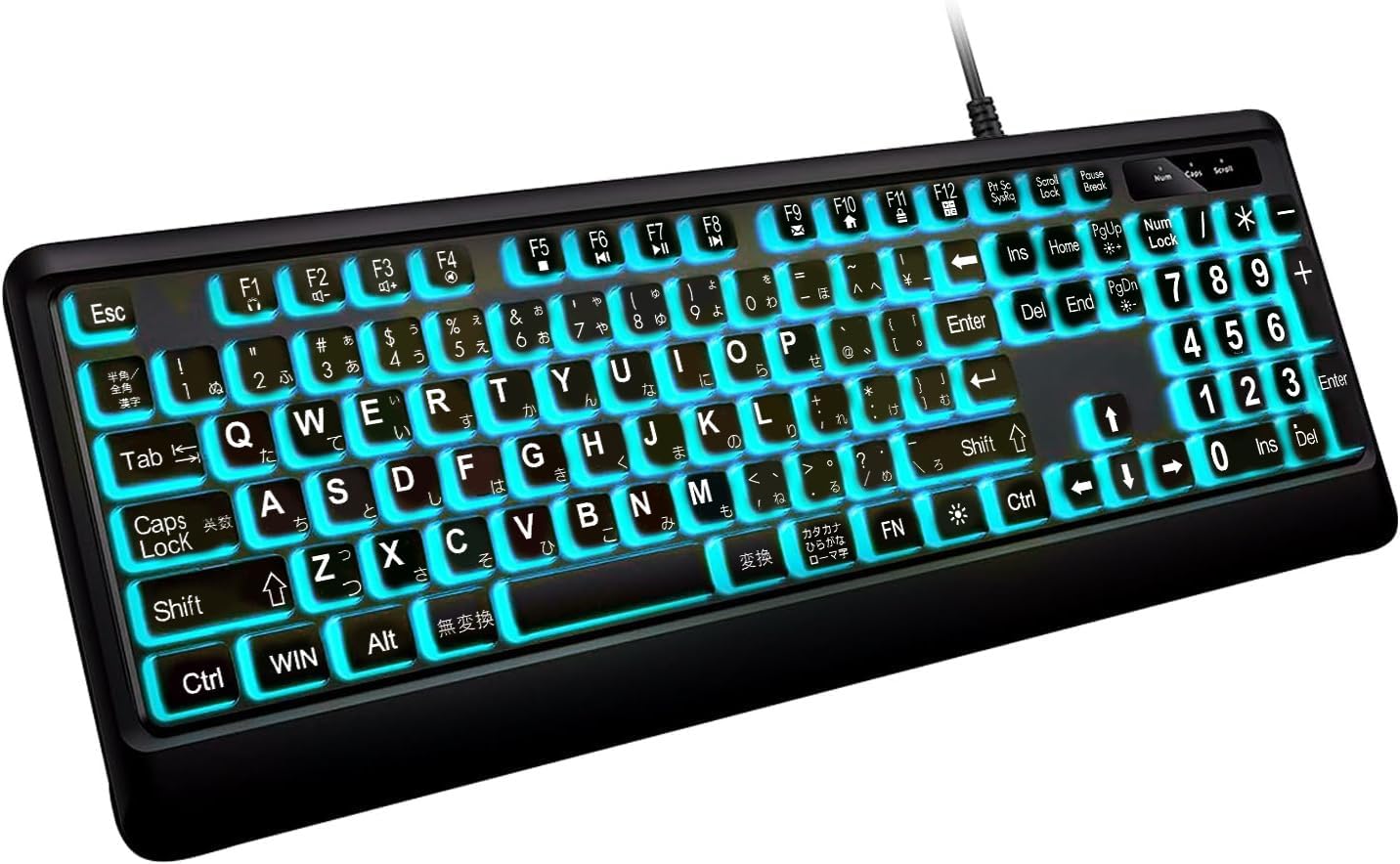 バックライト付き静音USBフルサイズキーボード（ホワイトLED、ブラック）