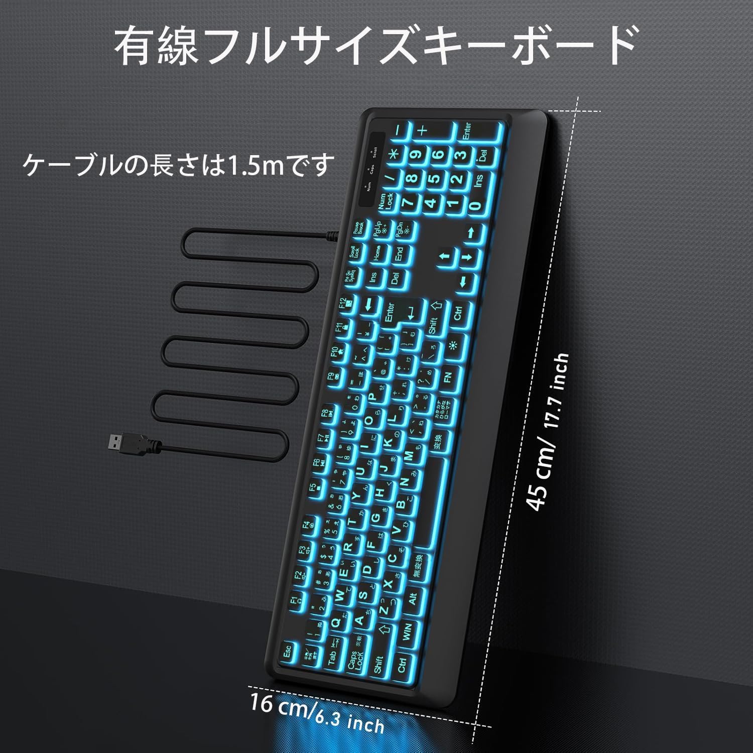 バックライト付き静音USBフルサイズキーボード（ホワイトLED、ブラック）