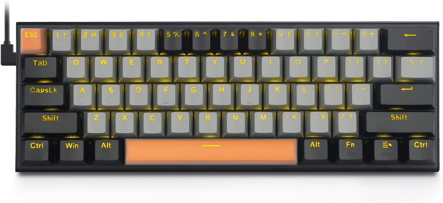 赤軸メカニカルキーボード 61キー 小型 コンパクト 60% USB有線 英語配列 ゲーミングキーボード（グレー×ブラック、黄色LEDバックライト）