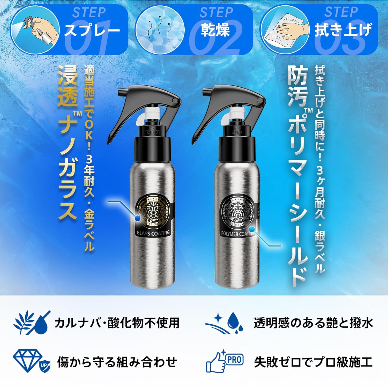 LEO COAT 高速ガラスコーティング 日本製 車・バイク用 2層コート 簡単スプレー