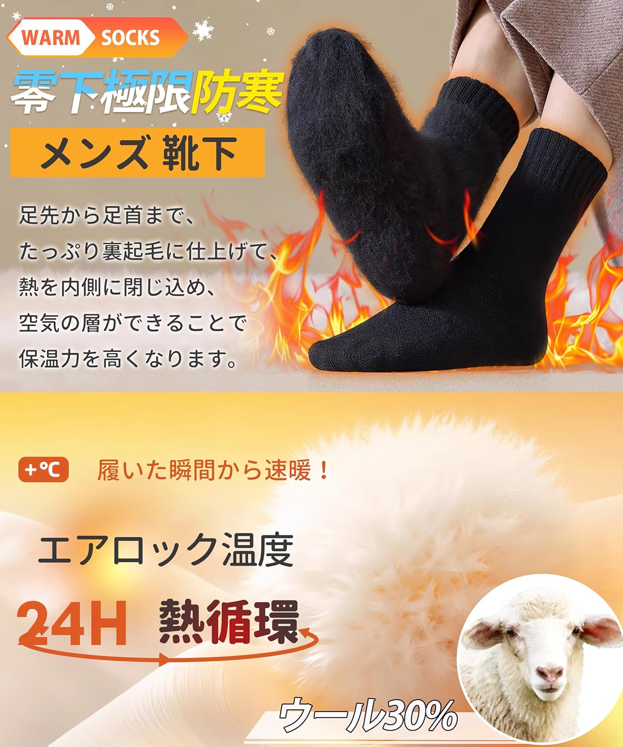 冬用メンズ厚手ウール防寒靴下【360°蓄熱・消臭・耐久性】25-29㎝