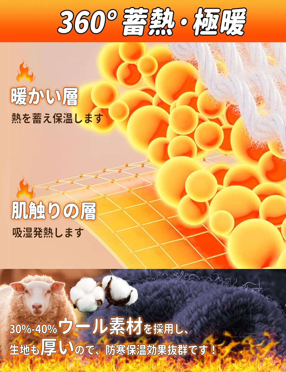 冬用メンズ厚手ウールソックス - 極厚裏パイル・恒温38℃・スポーツ・カジュアル 24-28㎝
