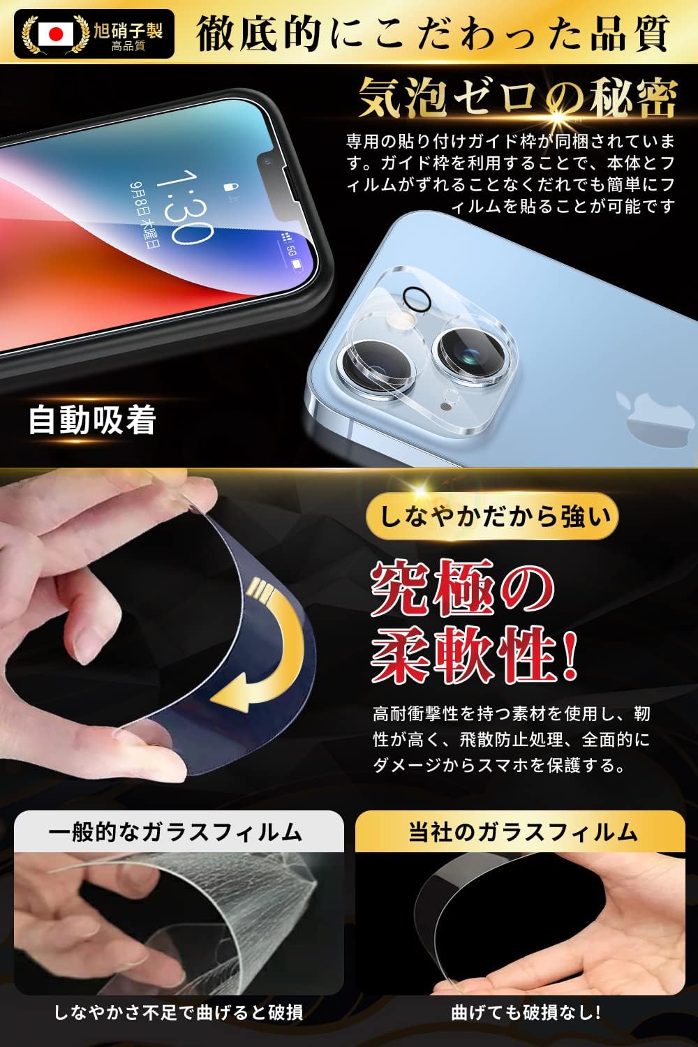 iPhone14 ガラスフィルム＆カメラフィルムセット（旭硝子製/硬度9H/高透過率）
