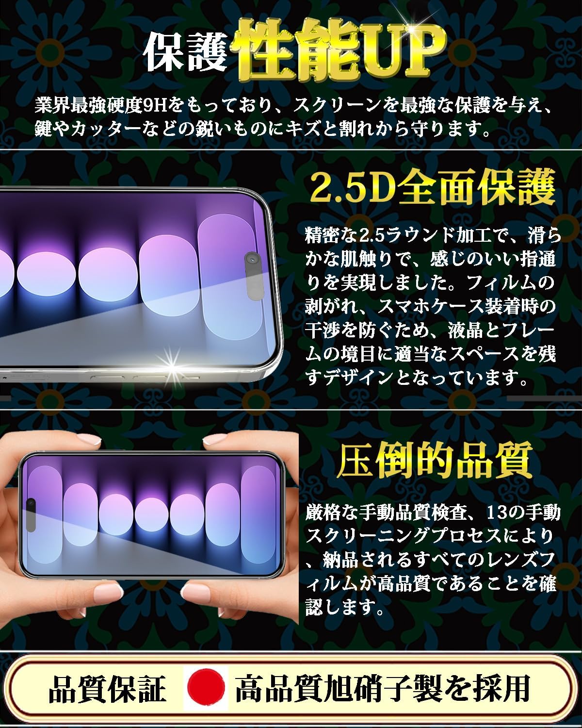 iPhone 15用完全保護強化ガラスフィルム【2枚入・硬度9H・日本製】