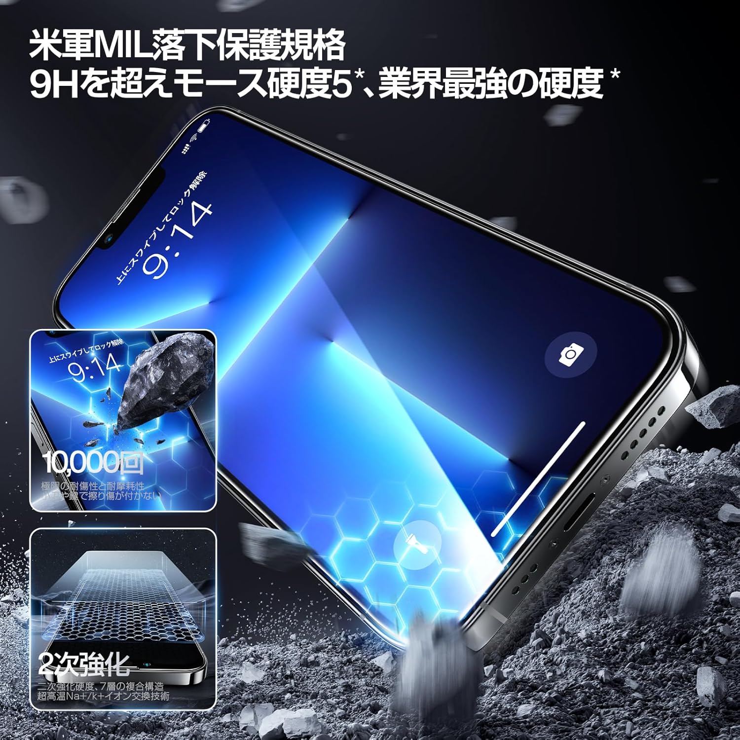 iPhone 16e/14/13 Pro/13用 強化ガラスフィルム 2枚セット 指紋防止 米軍MIL規格 落下保護