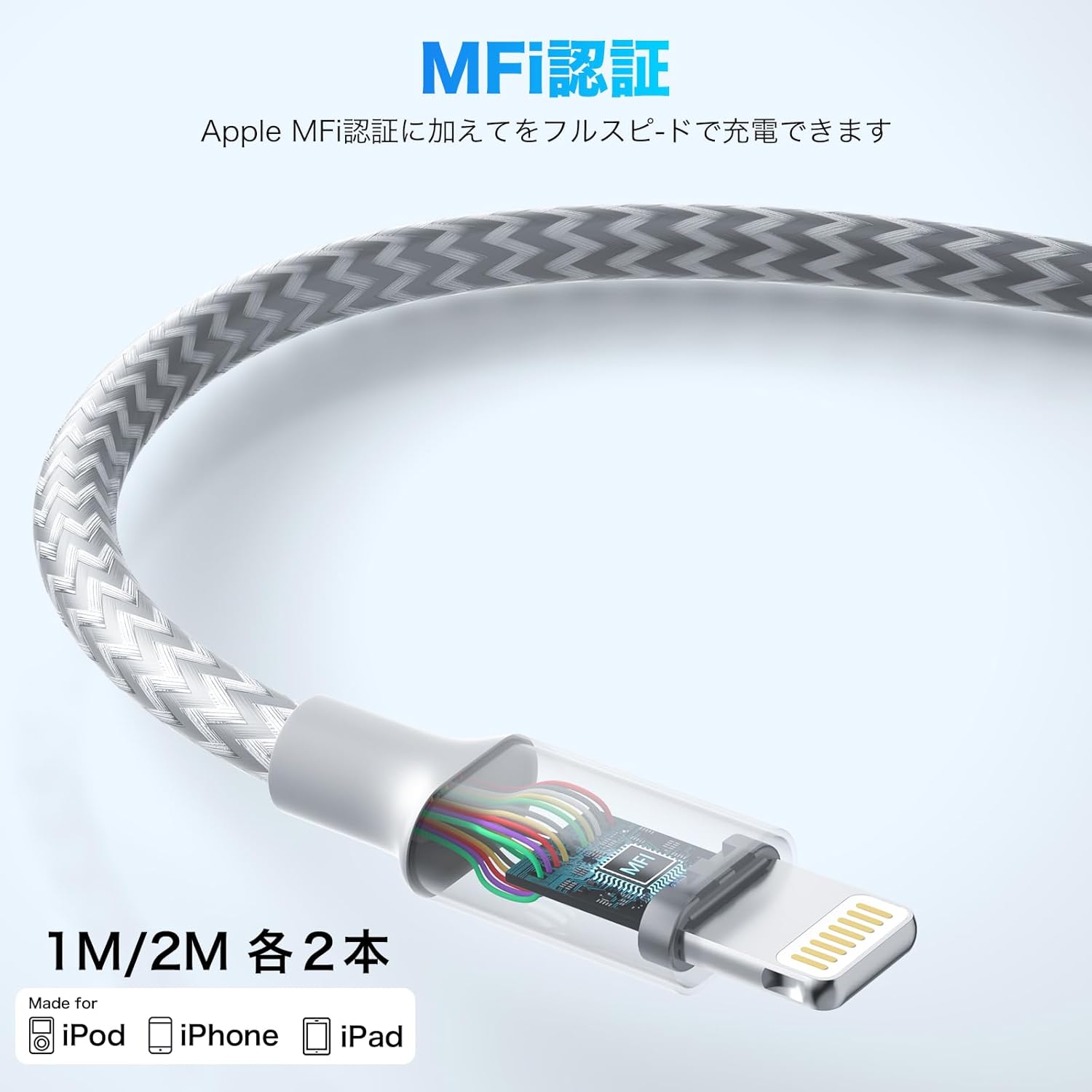 MFi認証ライトニング充電ケーブル【1M/2M 各2本】ナイロン編み・超高耐久・最大2.4A急速充電対応