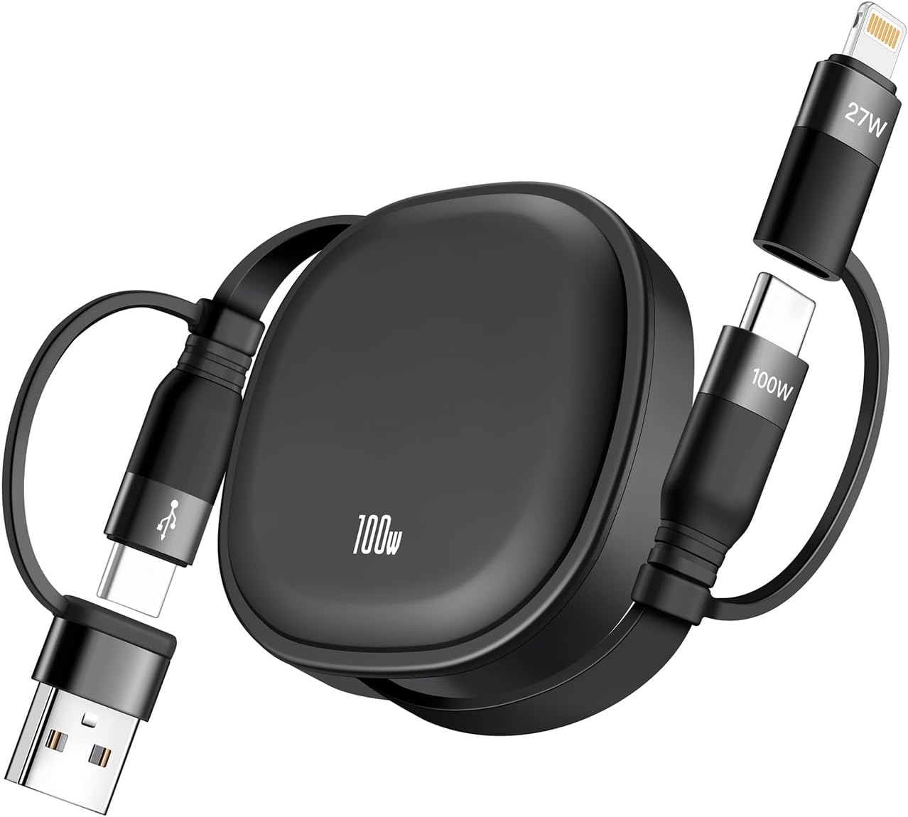 MINLU 5in1 格納式充電コード スマホスタンド付き MFi認証 PD100W急速充電 USB-C/Lightning対応 1.16m (ブラック)