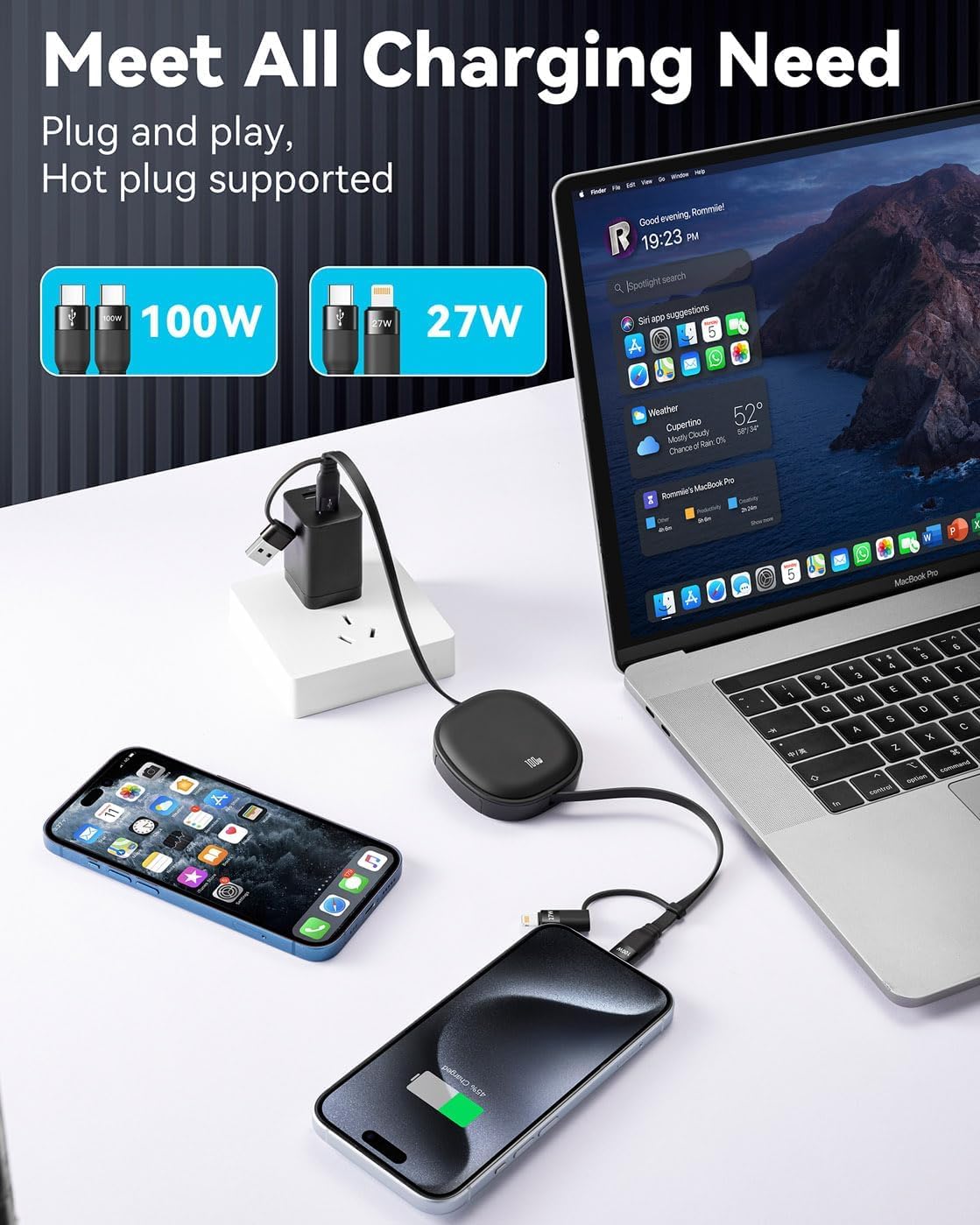 MINLU 5in1 格納式充電コード スマホスタンド付き MFi認証 PD100W急速充電 USB-C/Lightning対応 1.16m (ブラック)