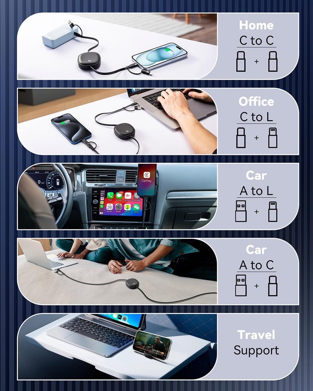 MINLU 5in1 格納式充電コード スマホスタンド付き MFi認証 PD100W急速充電 USB-C/Lightning対応 1.16m (ブラック)