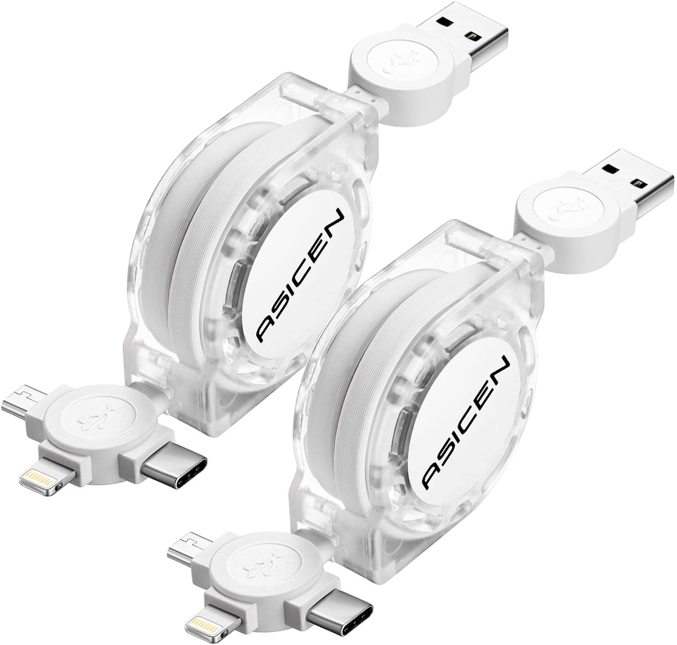 巻き取り式ライトニングケーブル 3in1 MFi認証 2パック (白, 1m)【急速充電&データ転送】
