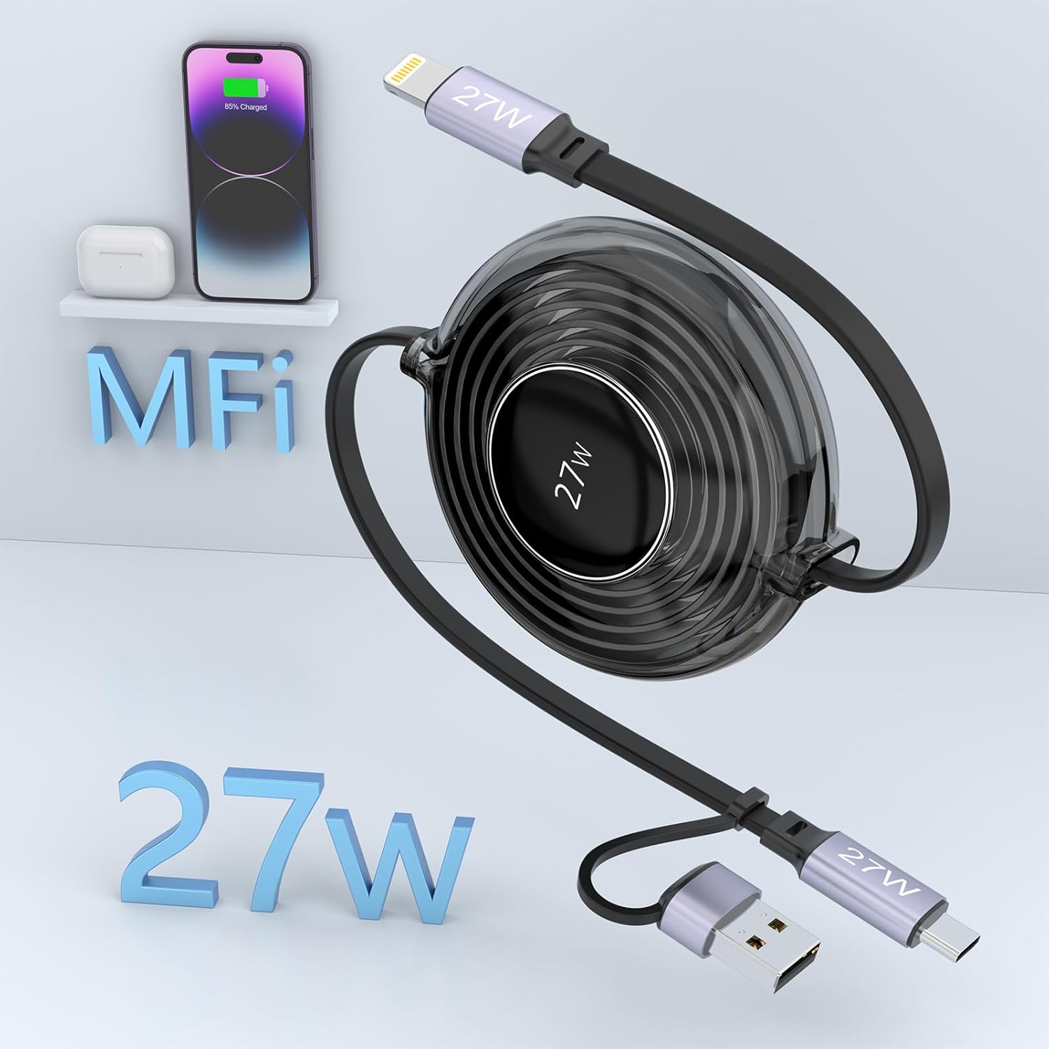 巻き取り式2in1充電ケーブル（iPhone/iPad/AirPods対応、1m、ブラック）