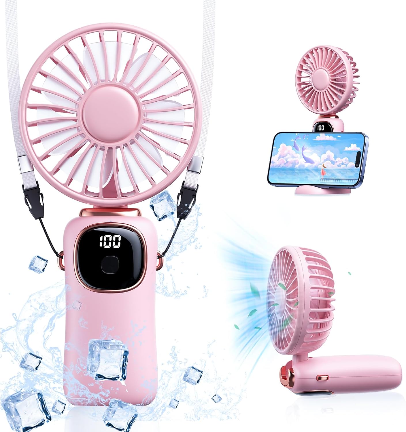 折り畳みハンディファン USB充電式 小型 3way使用 最大20時間動作 ピンク