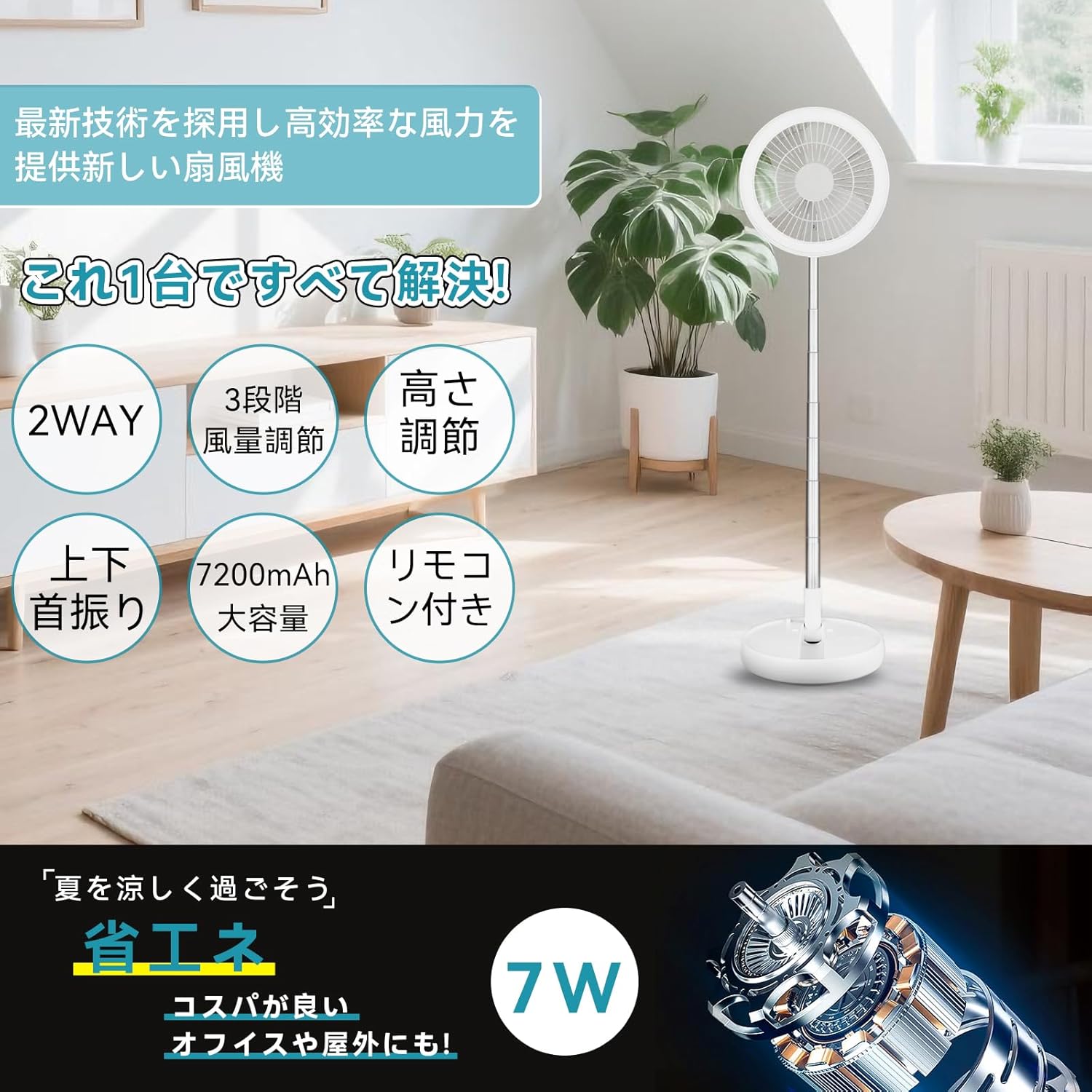 コードレス折りたたみ卓上扇風機｜静音・省エネ・36時間連続使用・7色LEDライト搭載・軽量コンパクト