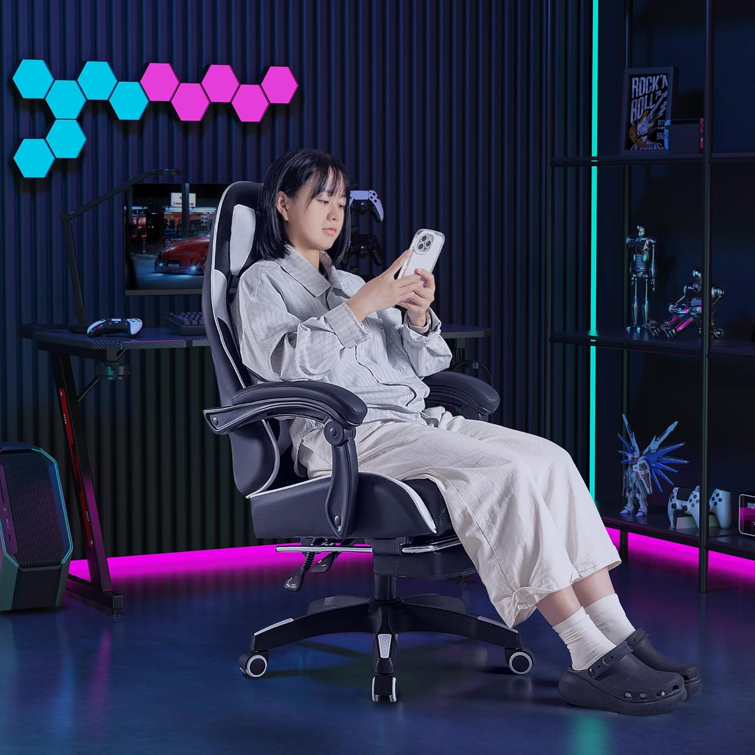 ゲーミングチェア オットマン付き リクライニング PCチェア ホワイト