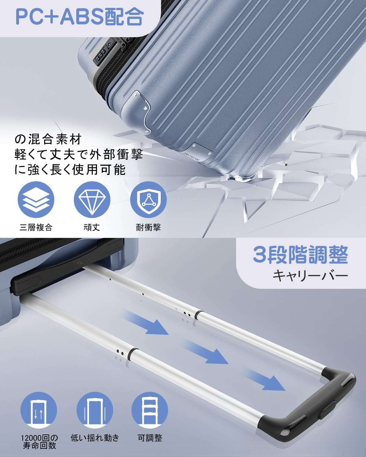 海外旅行対応 軽量キャリーケース Mサイズ 拡張機能付き 65L グレー 360度回転 ダブルキャスター TSAロック