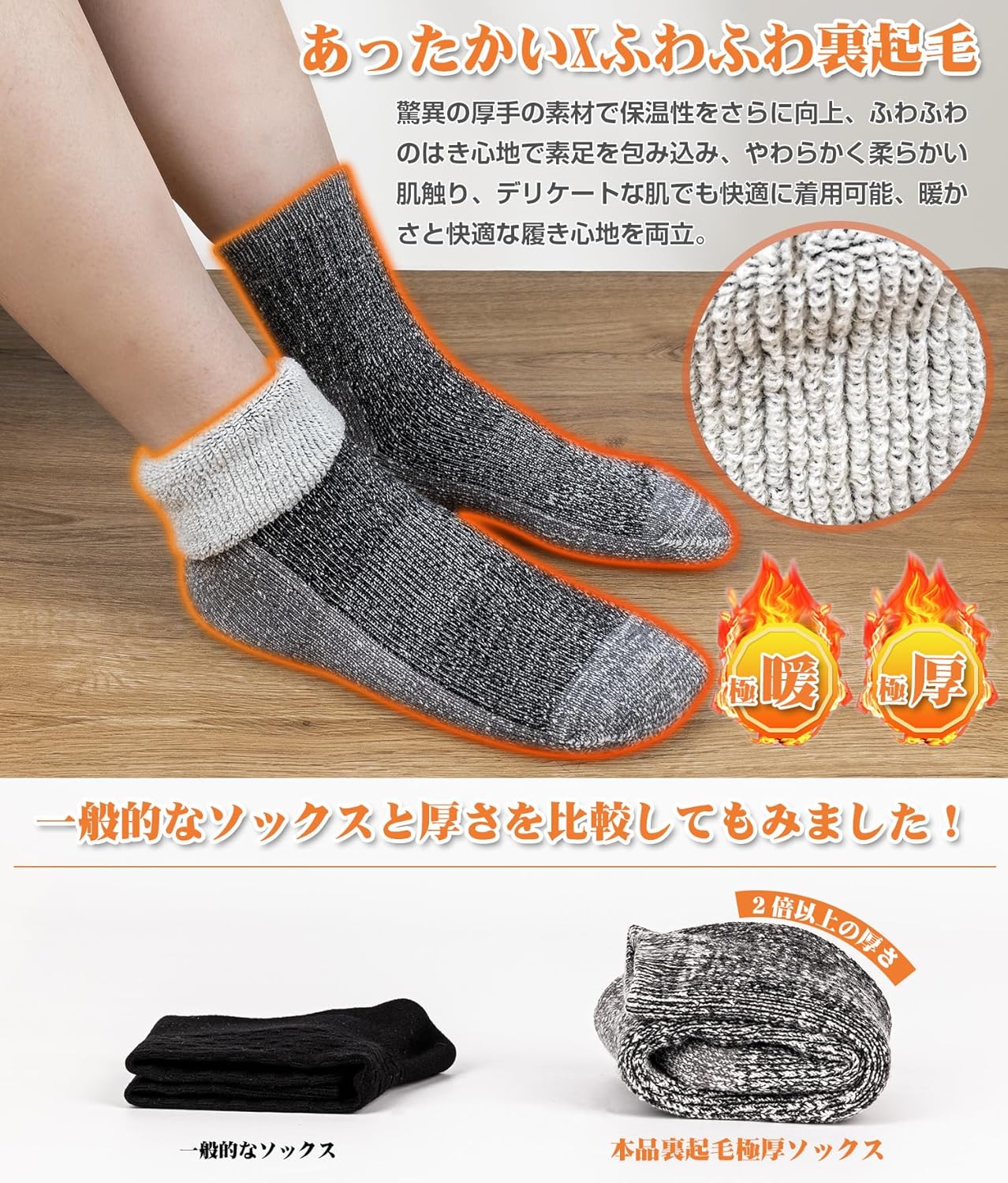 ウール厚手防寒靴下 メンズ 2足セット 冬用 吸汗消臭 裏起毛 スポーツ・アウトドア用