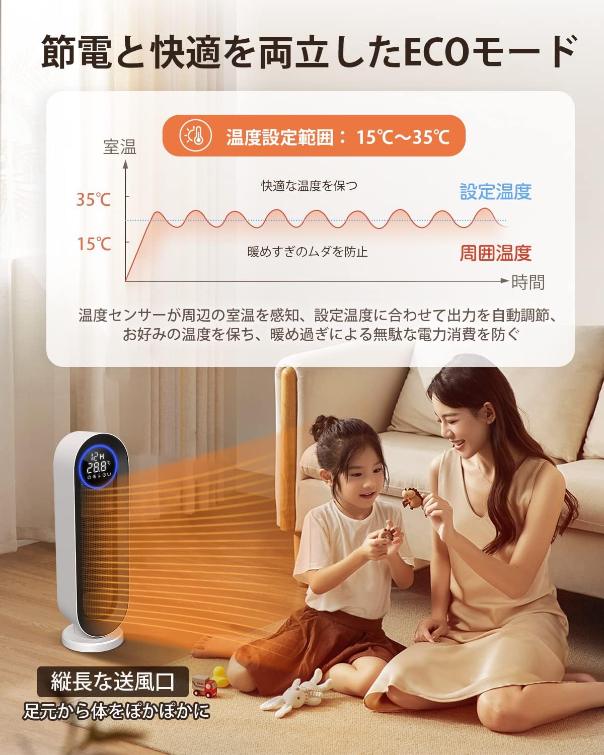 2023冬新型 セラミックファンヒーター 省エネ リモコン付き 速暖タイプ おしゃれ タワー型 800W/1200W 〜10畳 PSE認証