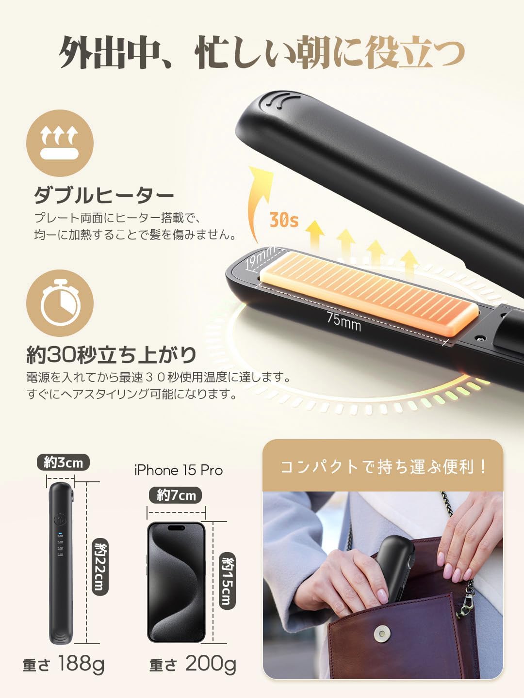 コードレス2WAYヘアアイロン 18mm プロ仕様200℃ 自動電源OFF ミニサイズ 男女兼用 旅行・出張に最適