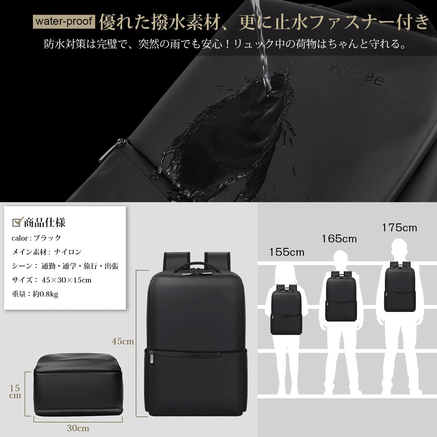 ビジネスリュック メンズ 防水 15.6インチ対応 軽量 大容量 通勤用 バックパック