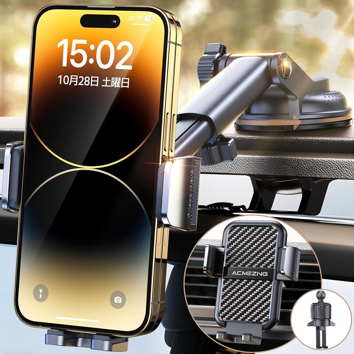 車載スマホホルダー 360°回転&二重フック 超強力真空吸盤 iPhone/Android対応
