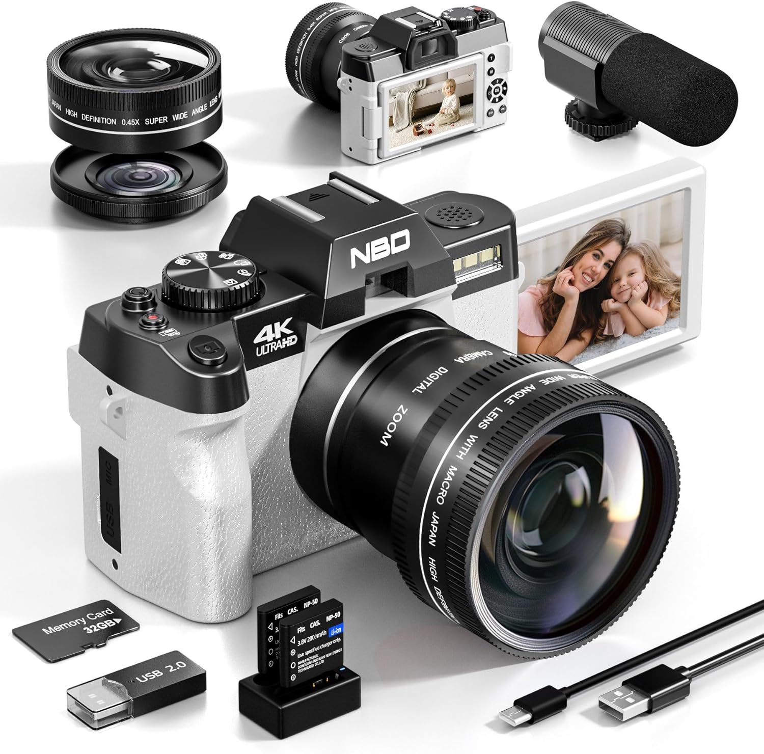 4K 4800万画素デジタル一眼レフカメラ | WiFiアプリ制御・16倍ズーム・バッテリー2個付属（ホワイト）