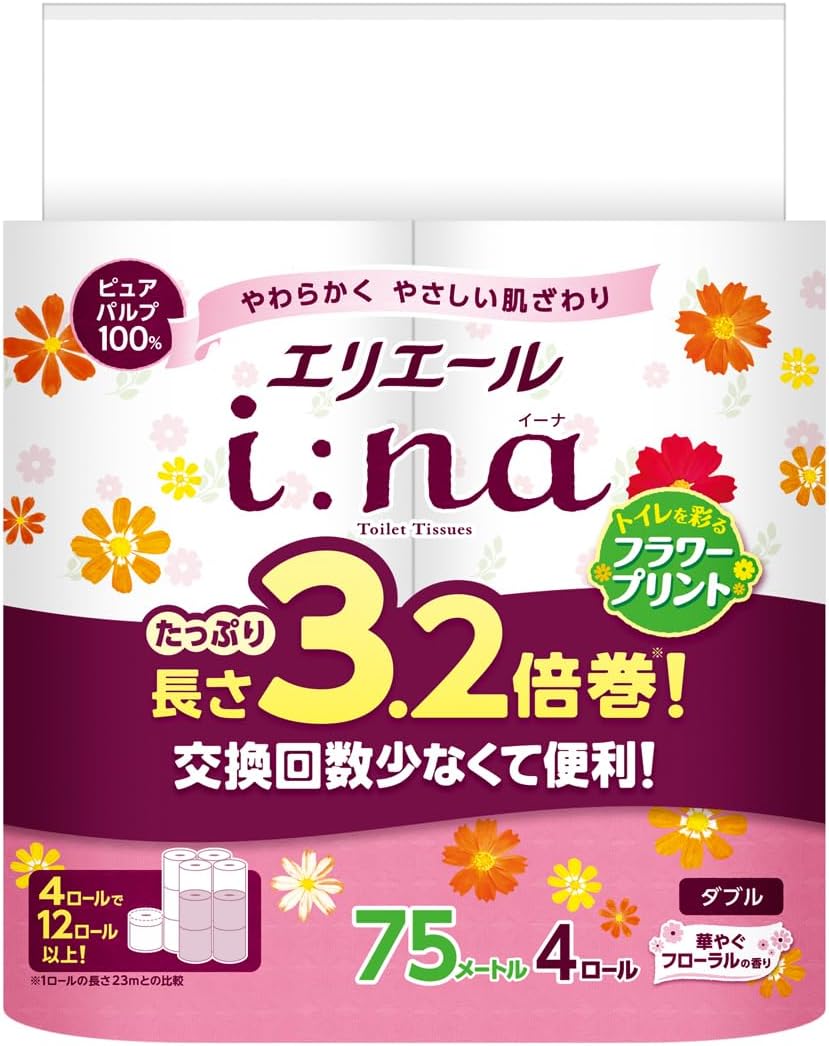 フラワープリント ダブルトイレットペーパー 75m×4ロール 100%パルプ さわやかな香り