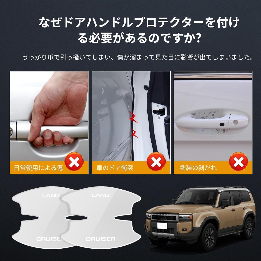 ランドクルーザー250（2024年モデル）専用ドアハンドルプロテクター（透明タイプ）キズ防止・滑り止めアクセサリー