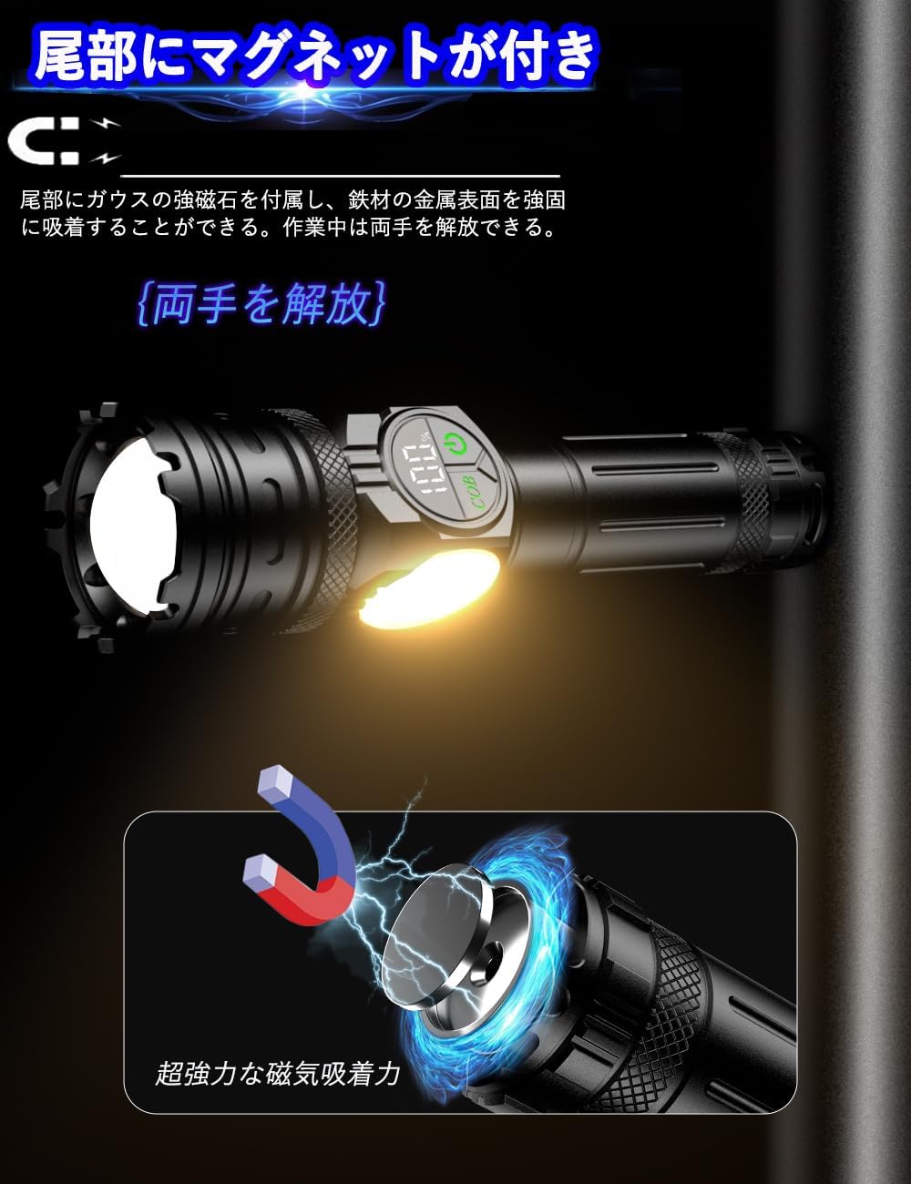 新型強力LED懐中電灯【2025年モデル・500万ルーメン・多機能】充電式・防水・ハンディタイプ