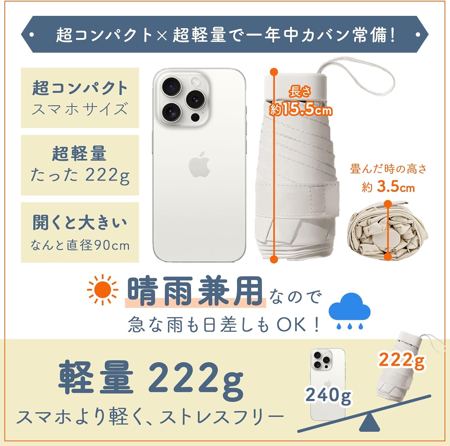 【防水ケース付き】超軽量90cm折りたたみ傘 UVカット・晴雨兼用・コンパクト