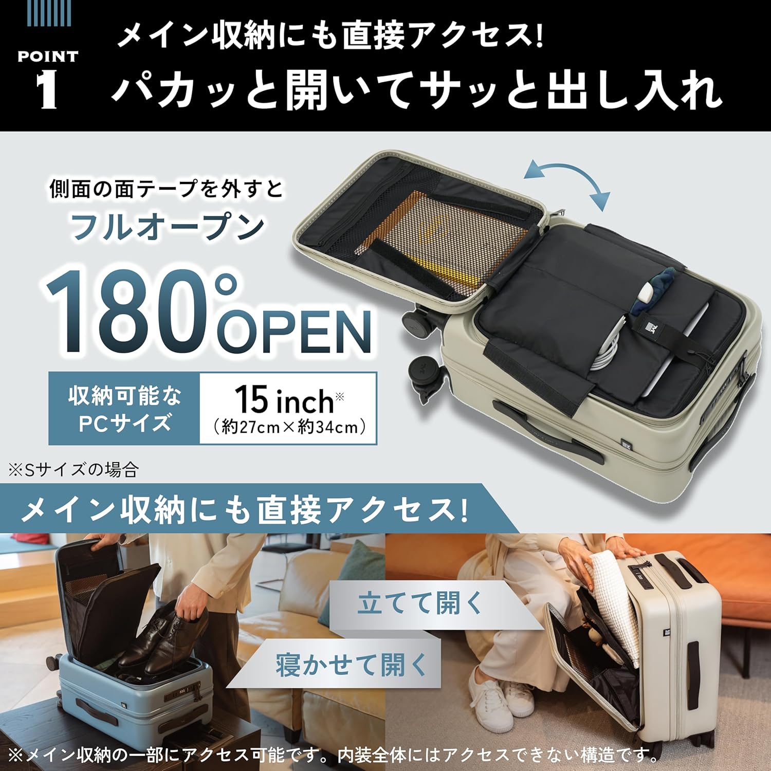 前開き機内持ち込みスーツケース Sサイズ 静音キャスター HINOMOTO