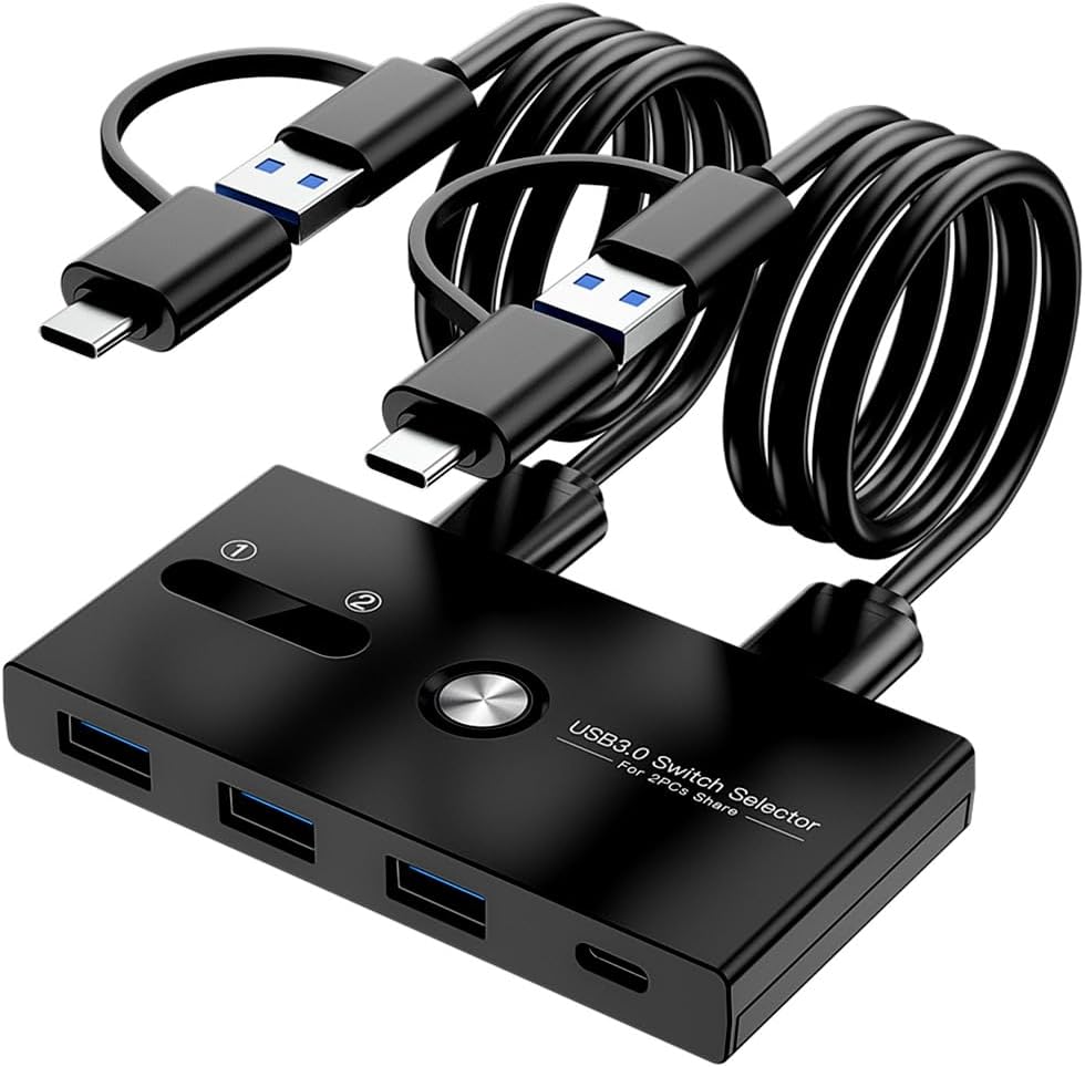 USB3.0 Type-C 手動切替器 2台用ハブ（USB-A×3+USB-C×1、ケーブル2本付属）