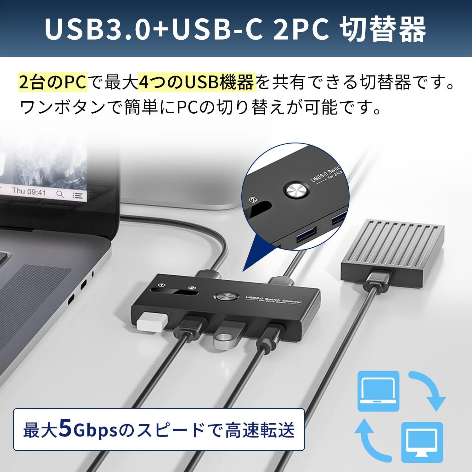 USB3.0 Type-C 手動切替器 2台用ハブ（USB-A×3+USB-C×1、ケーブル2本付属）