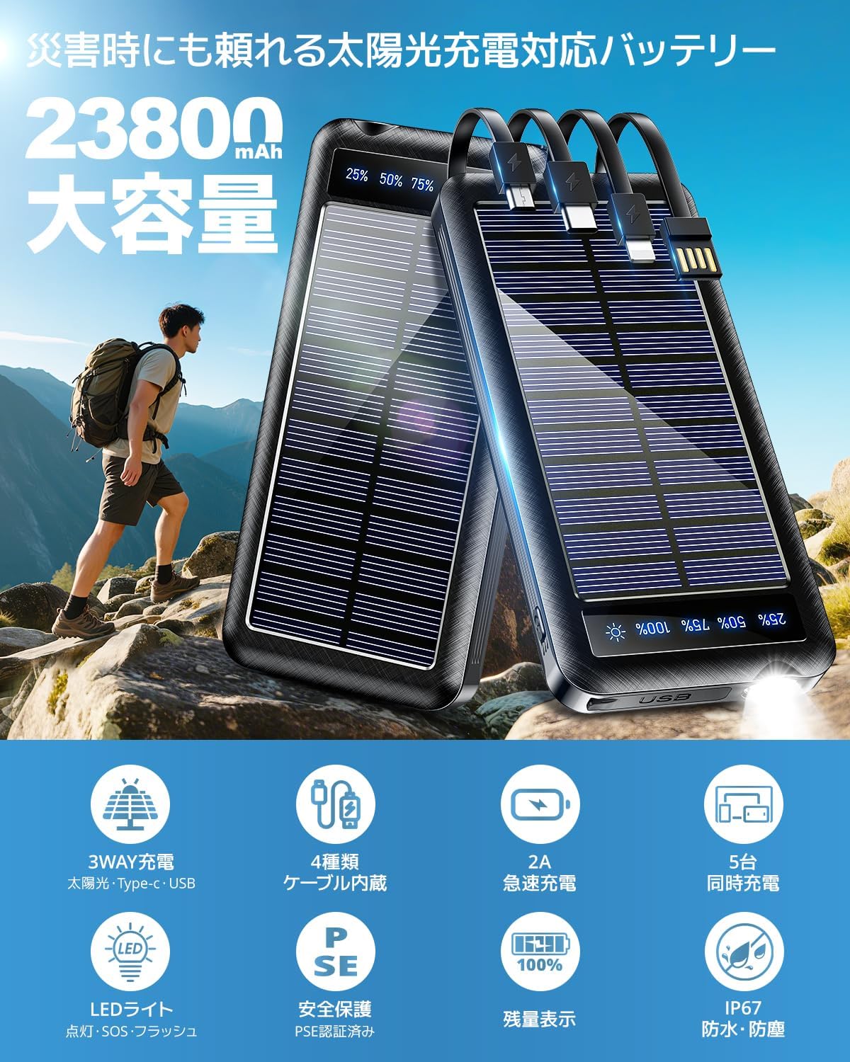 2025新登場・急速充電対応ソーラーモバイルバッテリー23800mAh（4本ケーブル内蔵・IP67防水・LEDライト付き・家庭用・アウトドア対応・ブラック）