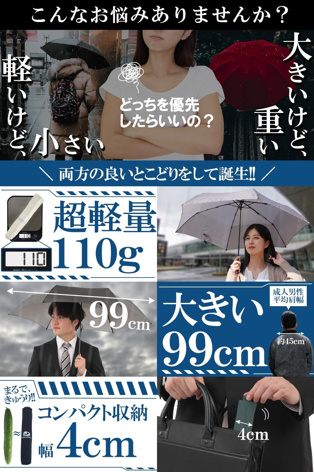 軽量110gワンアクション折りたたみ傘 直径99cm 高撥水 メンズ・レディース共用
