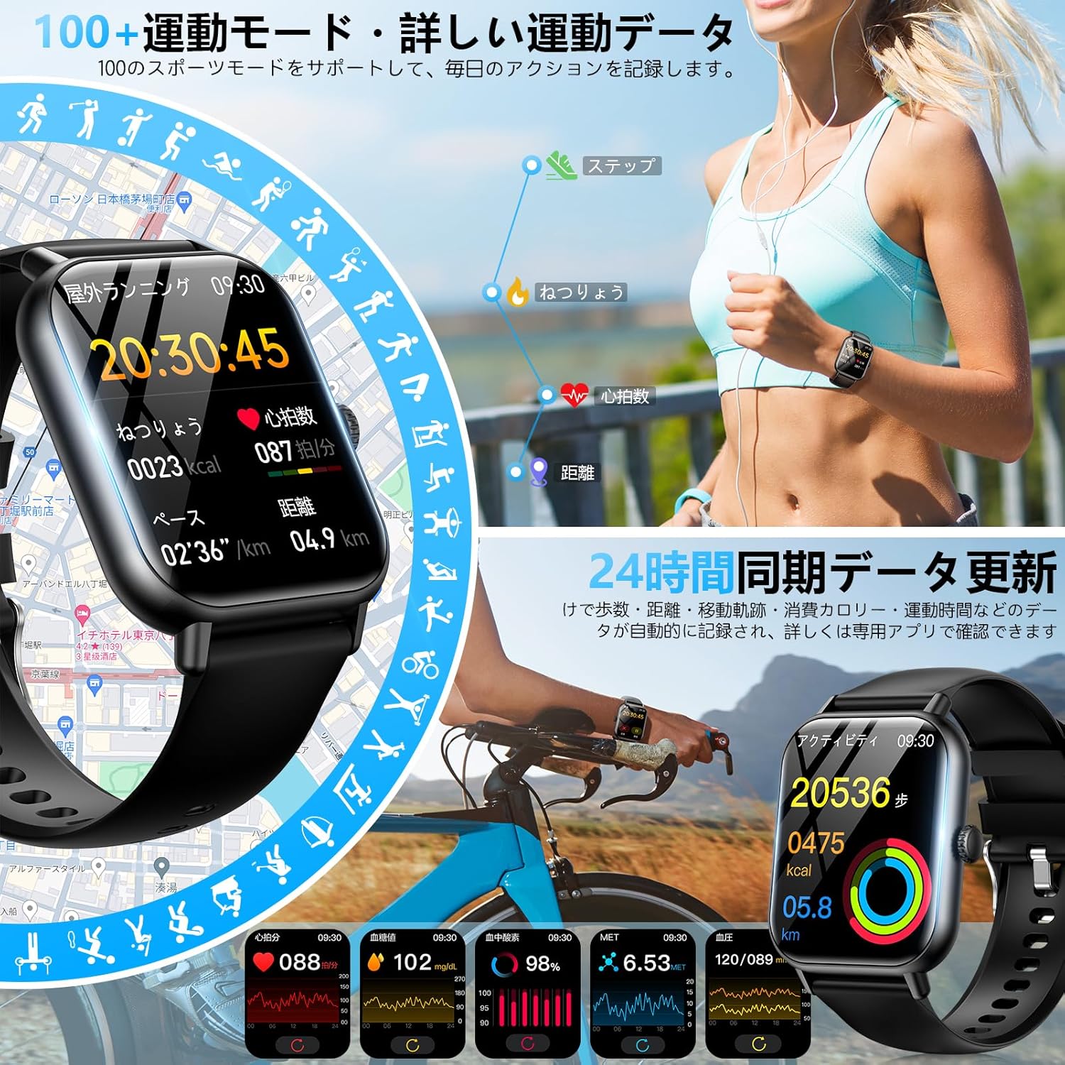 母の日・父の日プレゼント 超薄型スマートウォッチ 2.0インチ大画面 IP68防水 iPhone/Android対応 ブラック