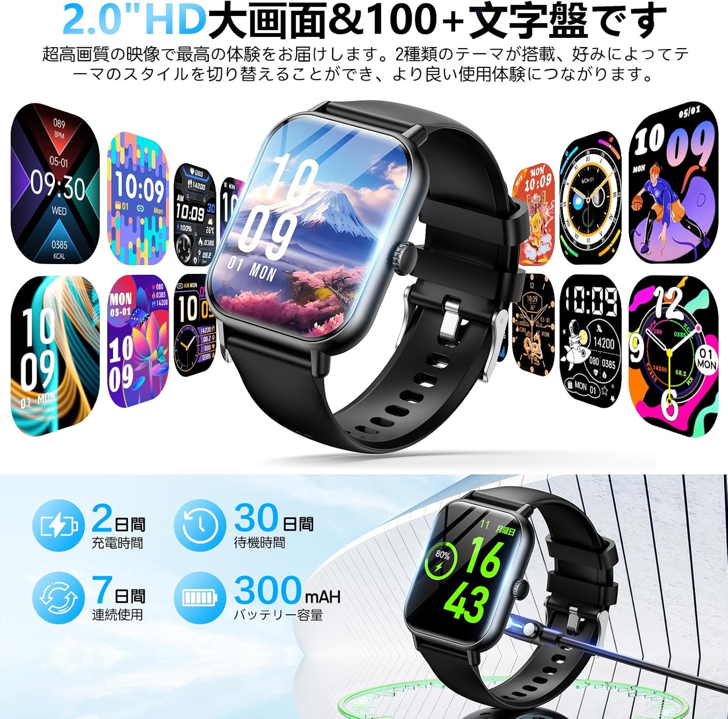 母の日・父の日プレゼント 超薄型スマートウォッチ 2.0インチ大画面 IP68防水 iPhone/Android対応 ブラック