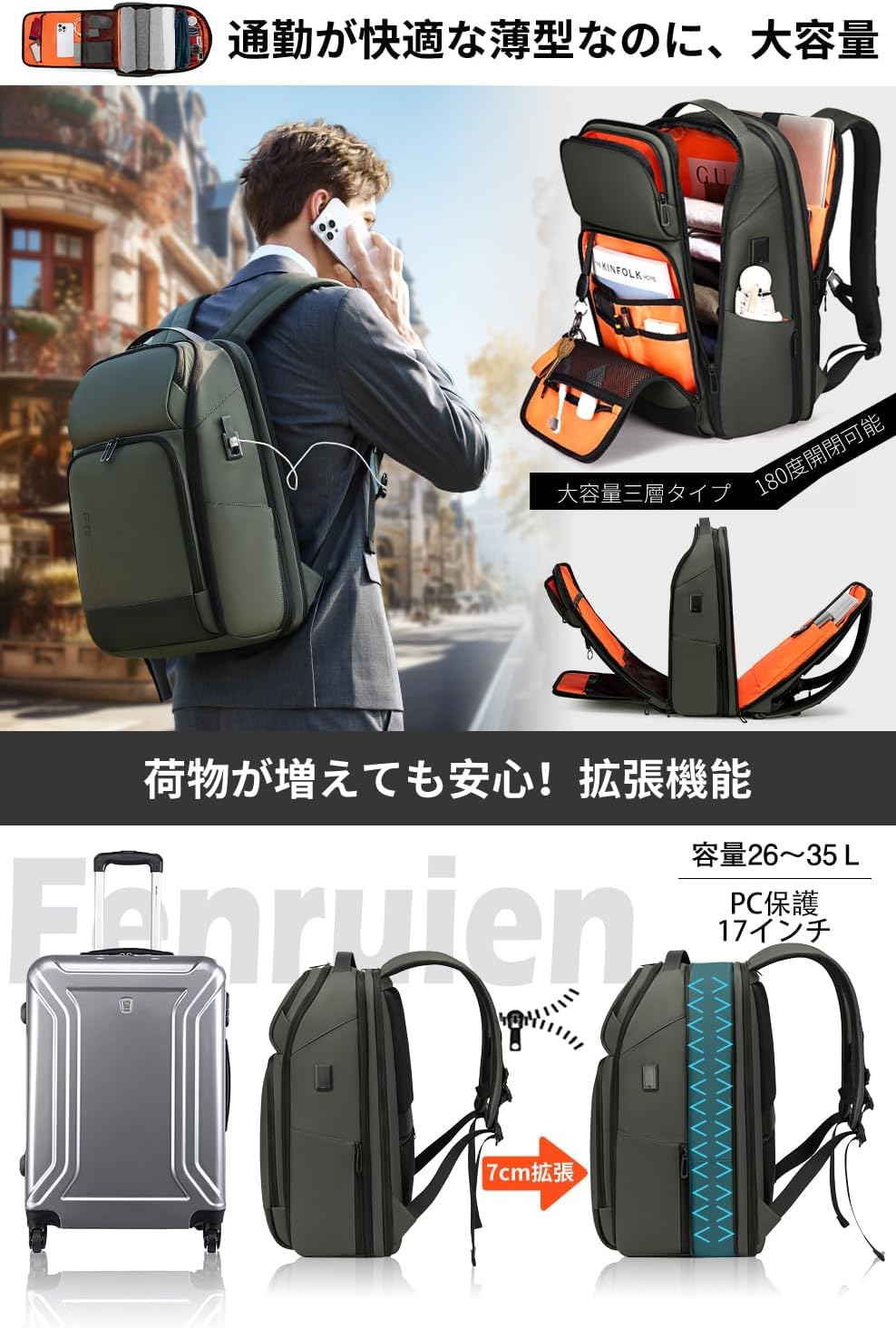 ビジネス向け大容量防水リュックサック（17インチPC対応、USB充電ポート付き、型崩れ防止）