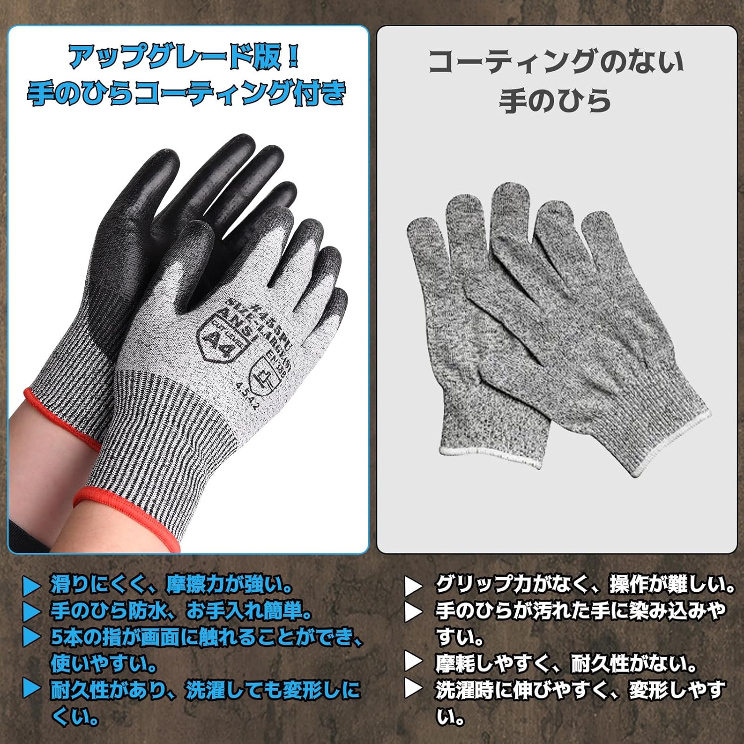 防刃作業用手袋 滑り止め PUコーティング レベル5 (Lサイズ, 1双パック)