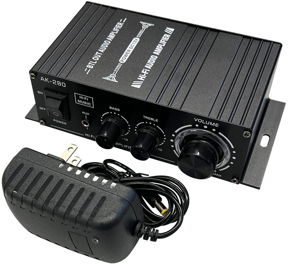 コンパクト Hi-Fi ステレオアンプ 40W×2 アルミボディ 車載用 12V/2Aアダプター付属