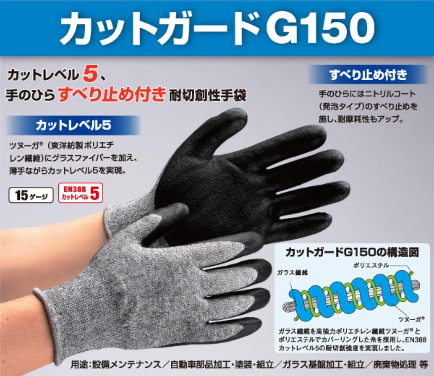 耐切創フィット手袋 カットガードG150 作業用 すべりどめ S 1双入